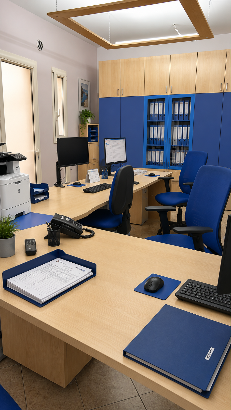 Interni dell'ufficio di Agenzia Rizzo a Racale con postazioni di consulenza