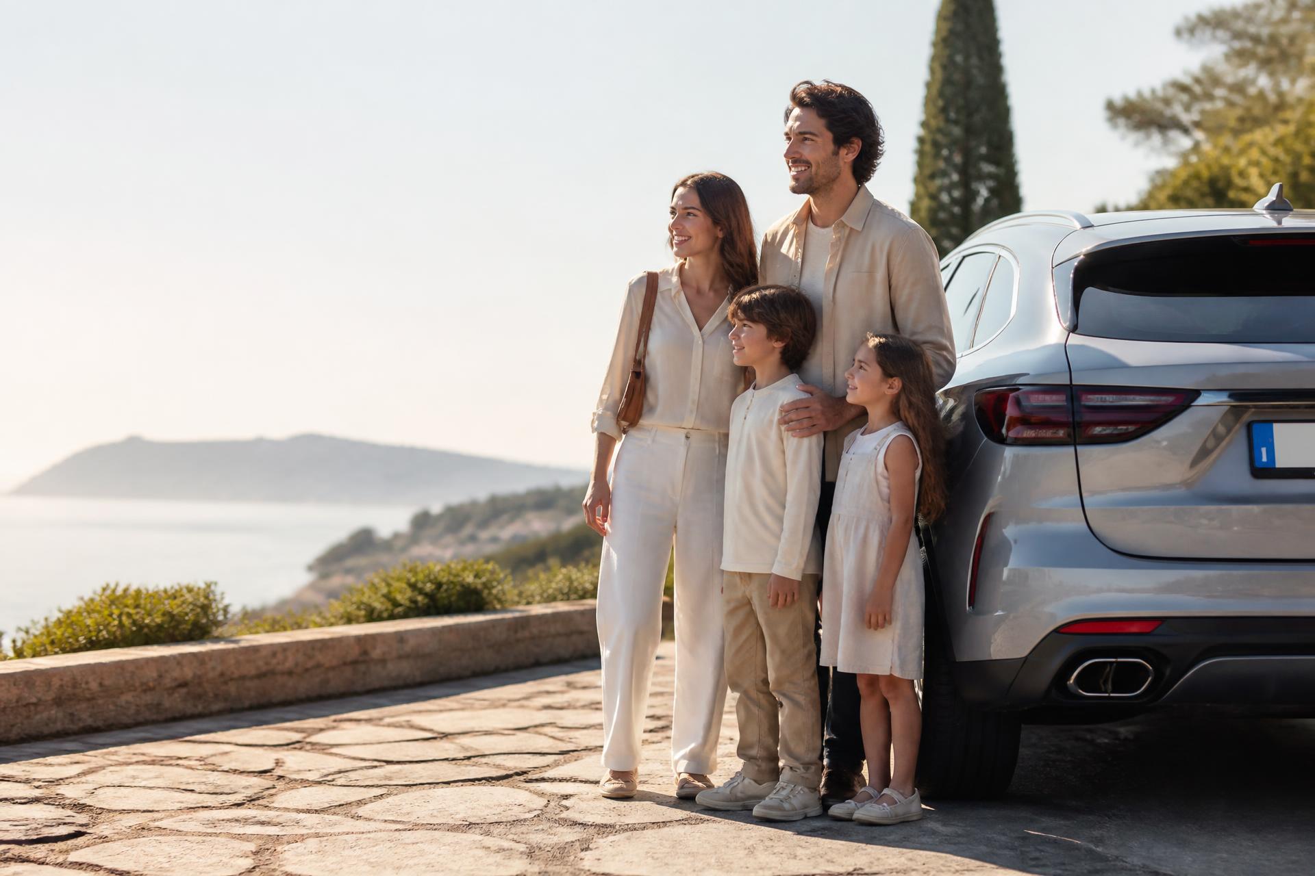 Famiglia sorridente accanto alla propria automobile, protetta dalle polizze di Agenzia Rizzo